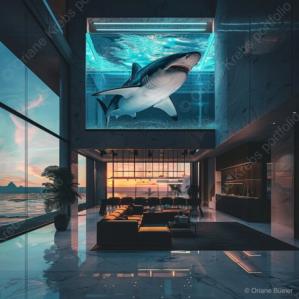 Damien Hirst Shark House, AI-generated artwork by Oriane Büeler
