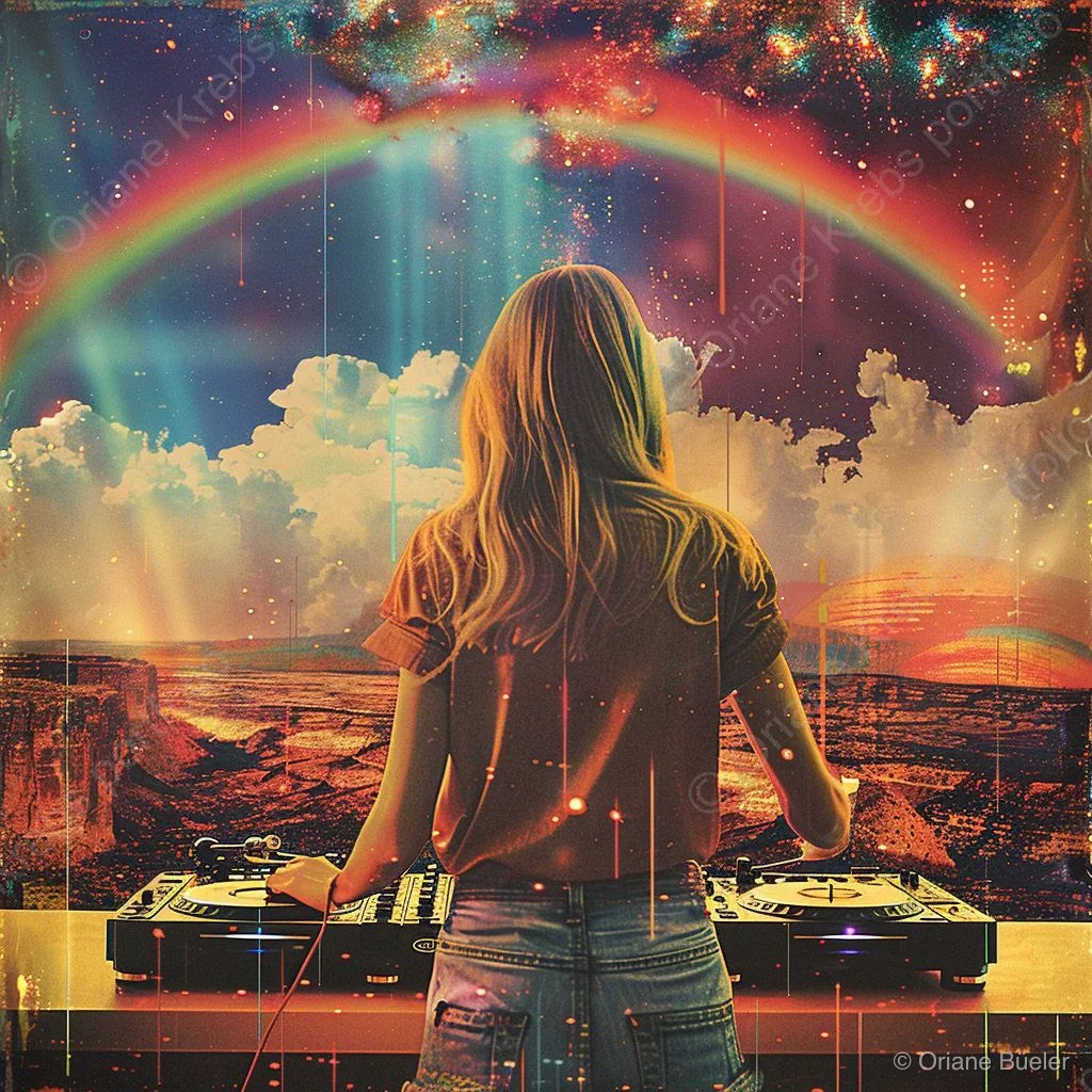 DJ Rainbow Moon Vintage, AI-generated artwork by Oriane Büeler
